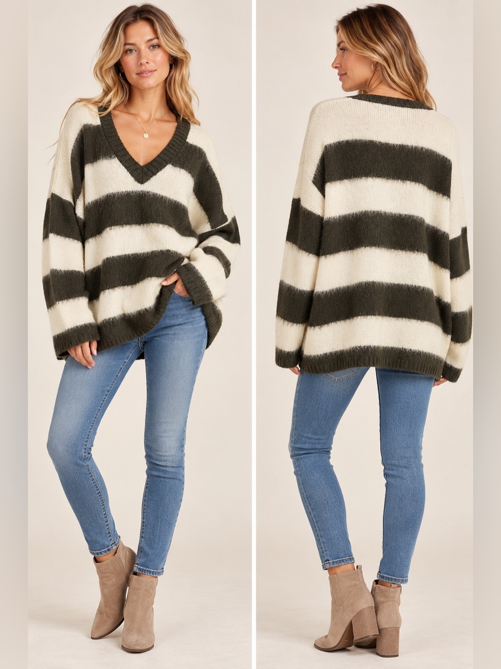 All Saints Striped V-Neck Oversized Sweater Cream & Brown